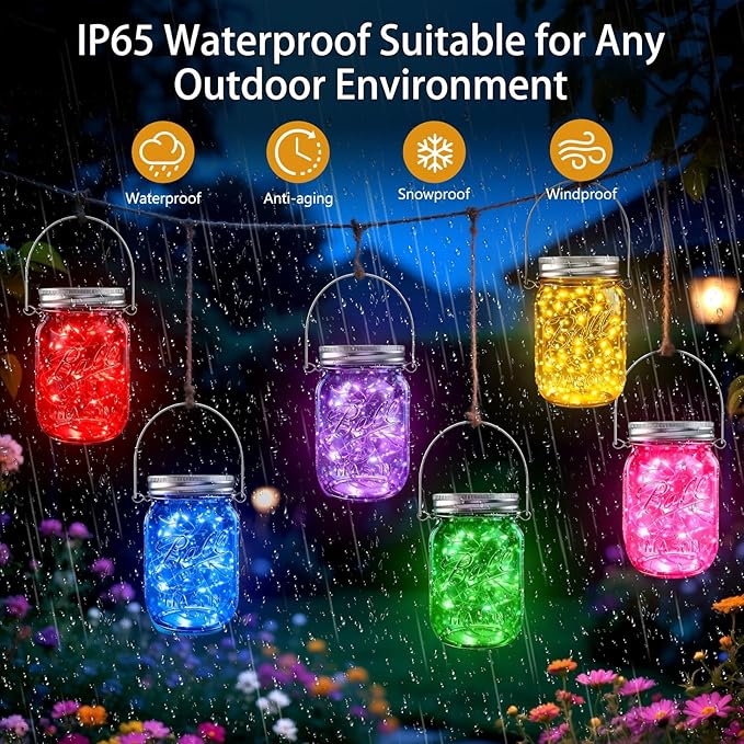 Mason Jar Solar Lights for Outside, 12 Pack 30LED(NO Jars) Fairy Firefly Lights Mason Jar Solar Lids Outdoor Waterproof String Lights with Hangers for Patio Garden Yard Lawn Decor(6 Colors)