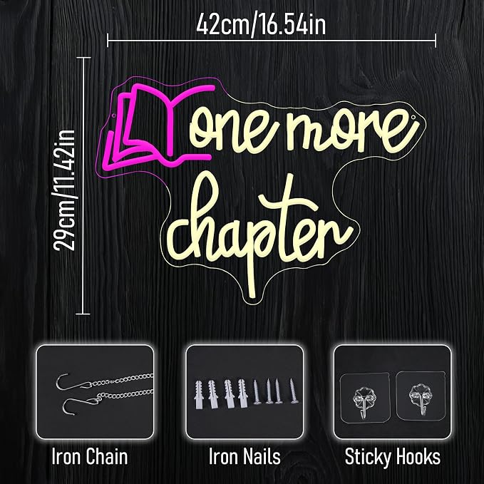 One More Chapter Neon Sign LED Neon Light Book USB Powered Reading Books Light Sign for Wall Decor Library School Classroom Office Coffee Business Bedroom(11.42 * 16.54In)