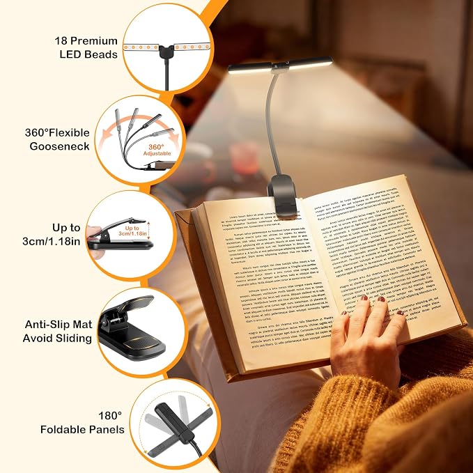18 LED Rechargeable Book Light for Reading in Bed, Reading Light for Night | Eye Caring 3 Color Temps, Stepless Dimming, Brightness Memory, 70 Hrs Runtime, Clip on Light for Book Lovers Gift, Black