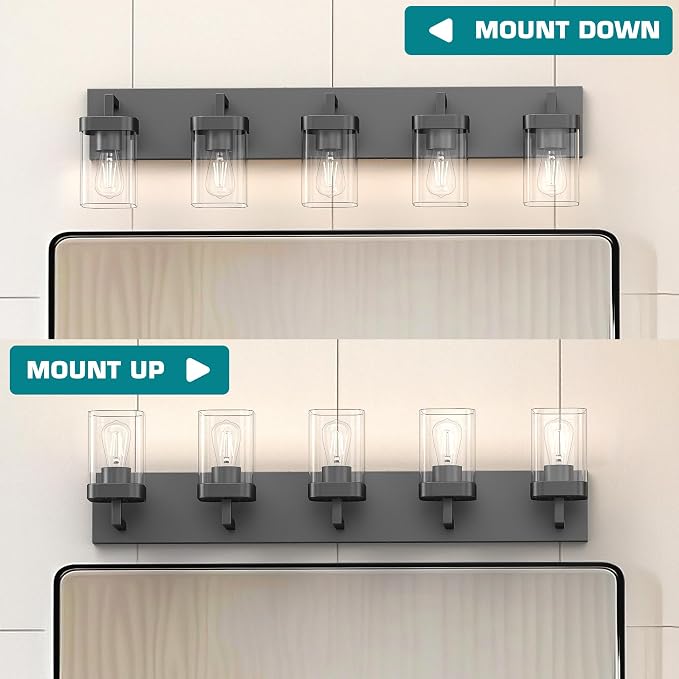 Bathroom Vanity Light, Square Design 5 Lights Morden Bathroom Lighting Fixtures Over Mirror, Black Vanity Light for Living Room/Bedroom