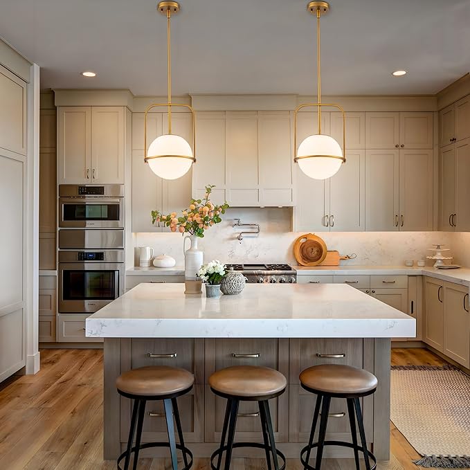 Brass Pendant Light Kitchen Island, 1-Light Modern Hanging Light Fixture, Adjustable Height Ceiling Light with Frosted Glass Globe, E26 Base, Dining Room, Entryway, Bedroom Lighting, ETL Listed