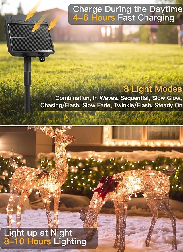 2 Pack 240 LED 20FT Total 40FT 480LED Solar Fairy Lights Outdoor Waterproof | Solar Christmas Lights Outdoor Waterproof 8 Light Modes Cascading Twinkle Lights Garland Christmas Decorations, Warm White