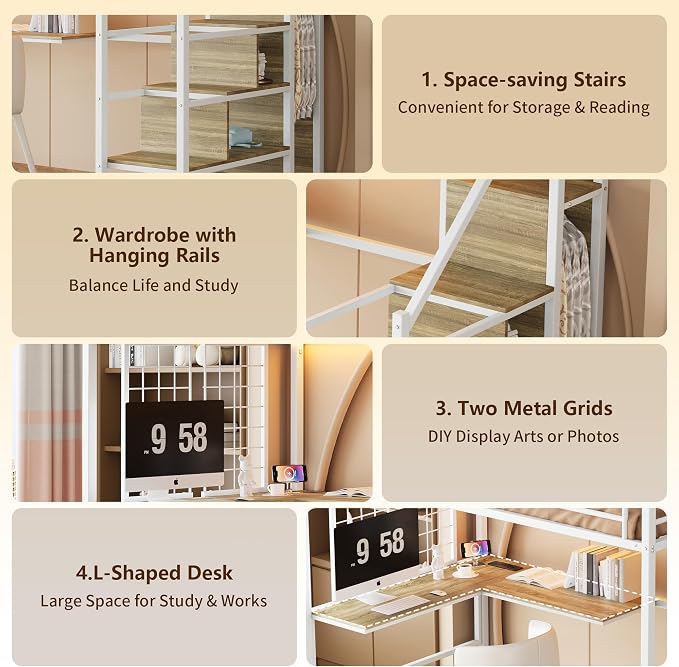 Twin Size Metal Loft Bed with Reversible Stairs & L-Shaped Desk,White | Storage Stairs,Wardrobe,L-Shaped Desk,USB Charging Station,Space-Saving for boys & Girls, Noise-Free, No Box Spring Needed