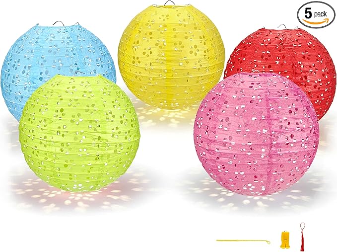 5Pack Chinese Lunar New Year Decorations 2026 Paper Lanterns with Lights Chinese Japanese Hanging Paper Lanterns with LED Sticks Tassels 8 Inch for Spring Festival Valentine's Day Party Decor