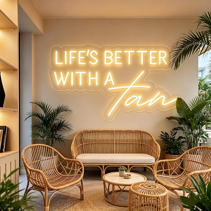 Life's Better With a Tan Neon Sign Warm White LED Neon Light for Wall Decor USB Powered Neon Signs for Tanning Salon Beauty Studio Bedroom Home Bar Party Aesthetic Decor Tanning Room Accessories