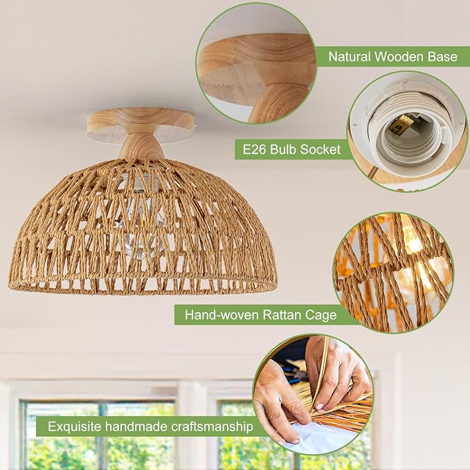 2 Packs Boho Light Rattan Chandelier Ceiling Lighting Fixtures,Boho Lamp Shade Flush Mount Ceiling Light Hand-Woven Small Chandelier for Hallway Bedroom Kitchen Nursery Lights