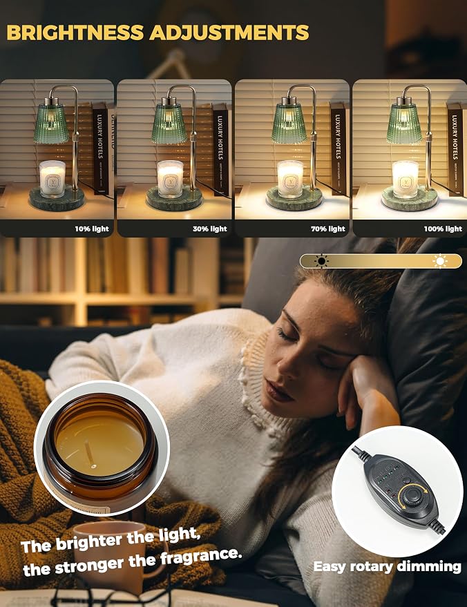 Marble Candle Warmer Lamp Green with Cycle Timer, Dimmable Wax Melt Warmer | 24h Cycle Timer Dimmable Wax Melt Warmer with 2 Bulbs, Fall Decor for Home Living Room Halloween Decorations Gifts for Mom