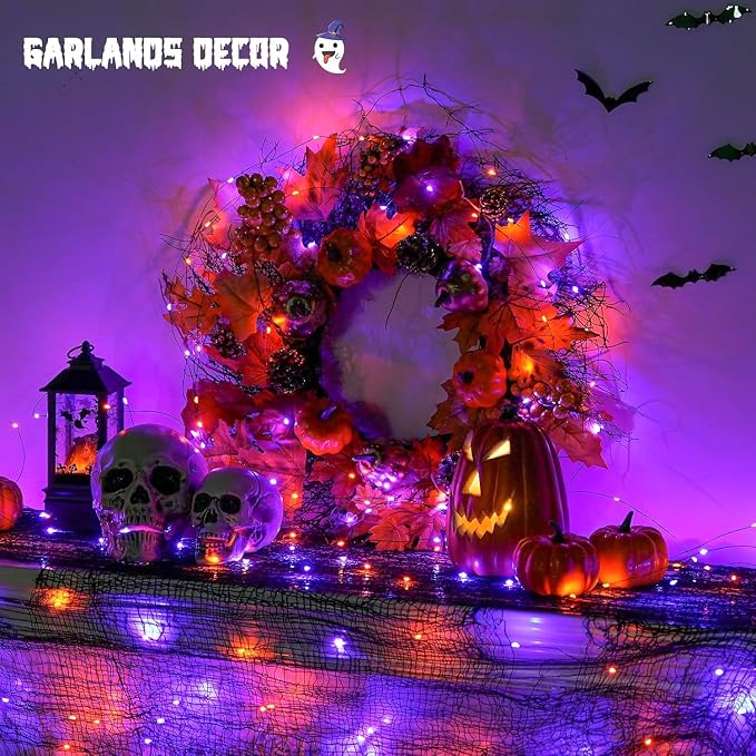 JMEXSUSS 2 Pack Orange and Purple Halloween Lights Battery Operated | Total 200 LED 66ft, Halloween Fairy Lights with Remote, 8 Modes Twinkle Lights for Fireplace Porch Tree Centerpiece Wreath
