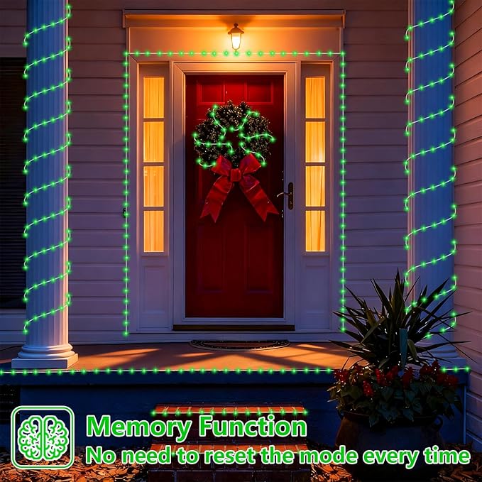 YEGUO Solar Rope Light Outdoor Waterproof, 66ft 200 LED Green String Lights, 8 Modes Tube Christmas Lights in Clear Thin Tube
