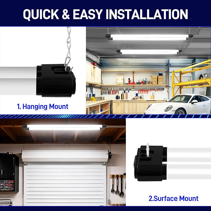 hykolity 4FT 60W LED Shop Light,6500LM[450W Equivalent] 5000K Daylight | Plug-in Utility Linkable Shop Lights for Garage Workshop Warehouse Basement, Ceiling Hanging or Surface,Black,4 Pack