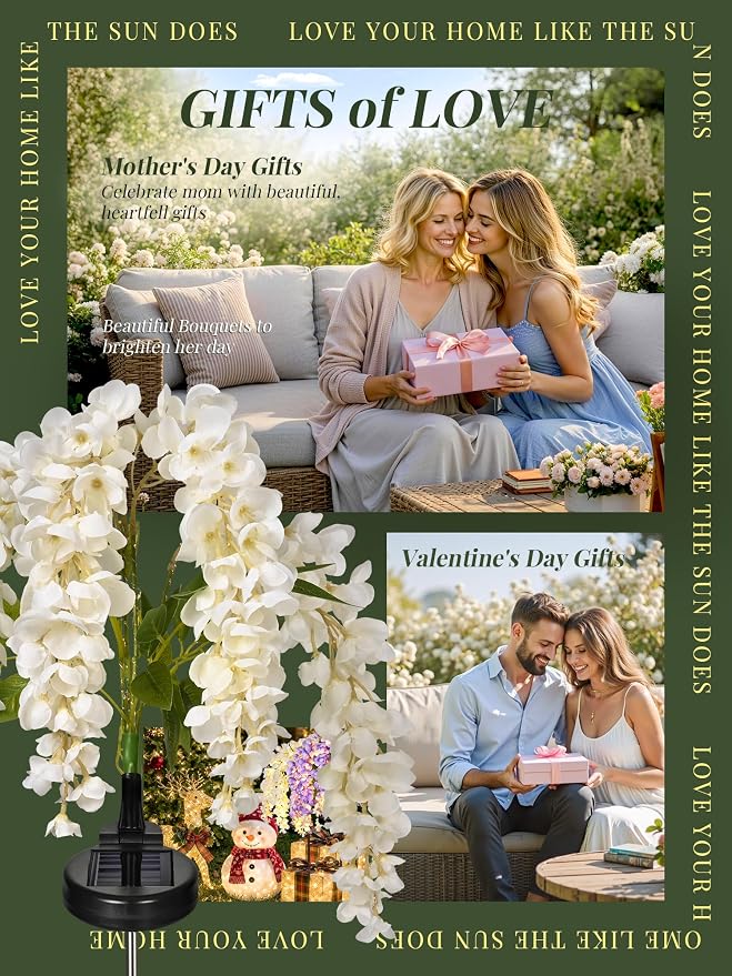 GIGALUMI 2 Pack Solar Wisteria Flowers Outdoor, 2 Modes, White | Flower Lights, IP65 Waterproof, Auto On/Off, Solar Powered, Garden Decor, for Pathway, Yard, Patio, Gardening Gifts for Women