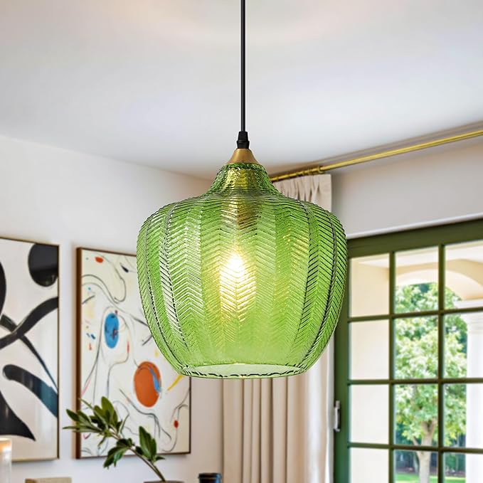 Modern Gold Pendant Light, Green Glass Farmhouse Kitchen Island Pendant Light Fixture Adjustable Vintage Hanging Ceiling Light for Dining Room Corridor 9.45 inch 1 Pack, UL Certification