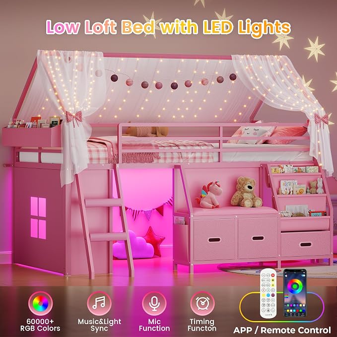 ADORNEVE Low Loft Bed Twin Size with Bookshelf, Reading Nook & 3 Drawers | Kids Loft Bed, LED, Storage Drawers, Beside Box, Under-Bed Play Space,Safety Guardrail, Inclined Ladde, Play Curtain, Pink