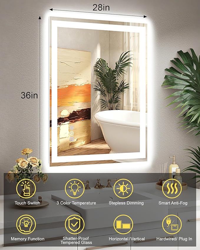 28x36 LED Bathroom Mirror with Lights, Super Bright Front & Backlit Vanity Mirror for Wall, Anti-Fog & Memory Smart Mirror, 5mm Shatter-Proof Tempered Glass, ETL Listed, Vertical/Horizontal
