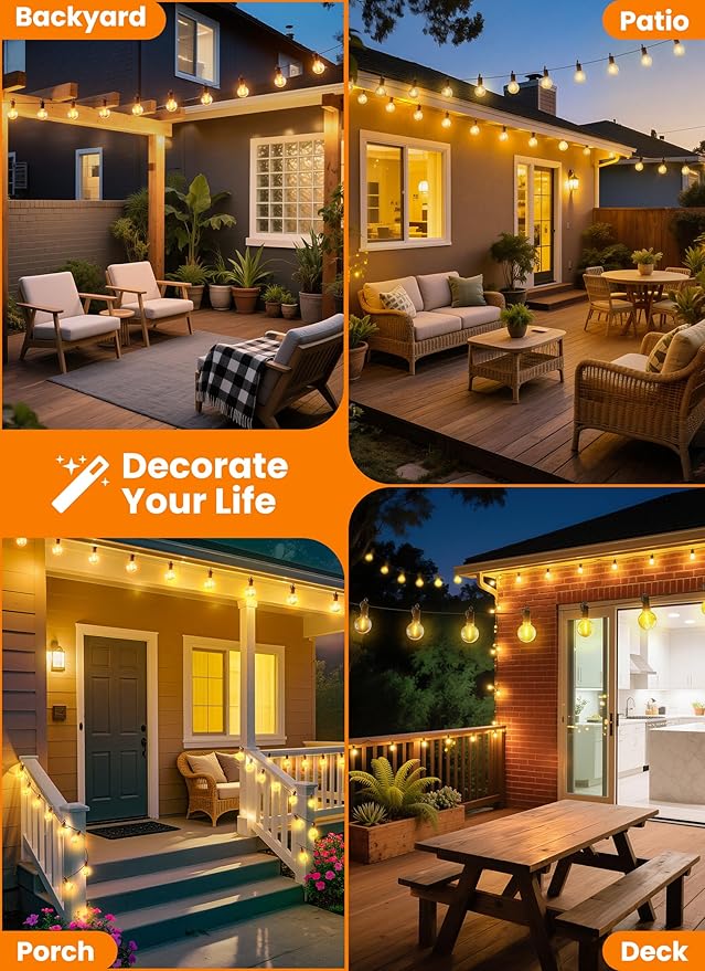 Outdoor String Patio Lights, 150FT 75 LED Patio Lights Waterproof, Connectable Shatterproof Hanging Outside String Light for Backyard, Porch, Deck, Balcony, Garden, House Decor, 2200K