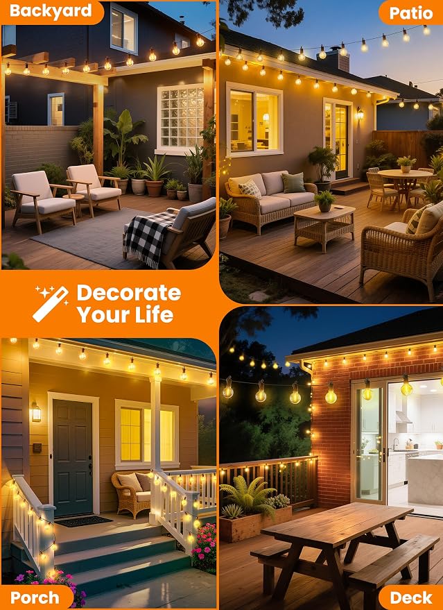 25FT 13 LED Outdoor String Lights, G40 Shatterproof String Lights, IP65 Waterproof Connectable Outside Patio Light for Backyard Porch Balcony Garden Decor Christmas Camping Gazebo