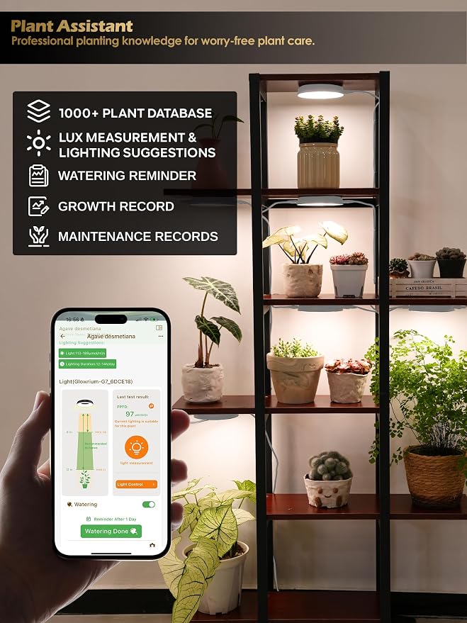 Smart Full Spectrum LED Grow Light for Indoor Plants (White 2PCS) | 16W LED Grow Lights with Auto Timer, Stepless Dimming Plant Light, APP Plant Assistant with Watering Reminder, Modular Design