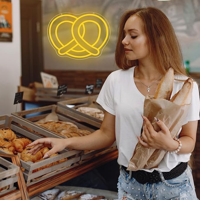 Pretzel Bakery Neon Signs for Wall Decor,Dimmable Business Bread Neon Sign,USB Powered Food Sign for Kitchen Restaurant Man Cave Party Coffee Bar Christmas Birthday Gifts(12.9 * 10.2in)