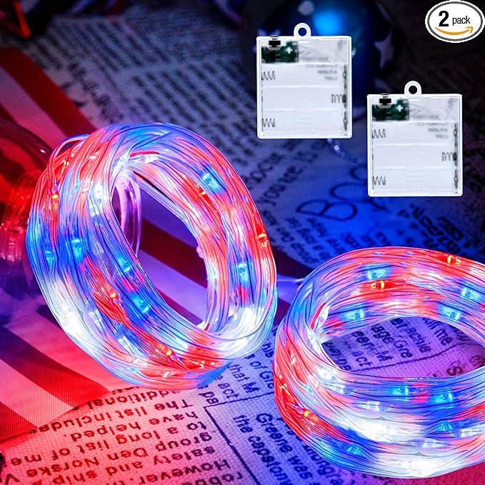 Red White and Blue Fairy Lights Battery Operated, 4th of July Lights with Timer 16.4ft 50LED for 4th of July Independence Day Memorial Day Decorations