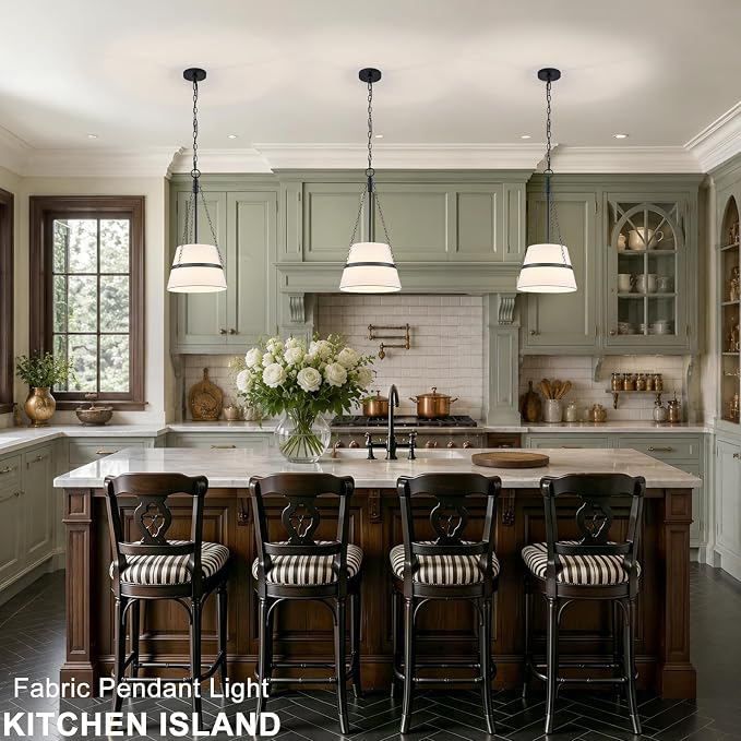 11.4" Black Drum Pendant Light for Kitchen Island, White Linen Fabric Shade | Modern Transitional, Cone Shape, 3 Side Chains, 1-Light, Breakfast Nook, Reading Corner, Adjustable Height 11.42"W x 23.82"H