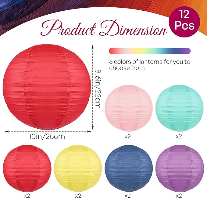 12PCS Boho Rainbow Hanging Paper Lanterns, Colorful Pastel 10” Paper Lanterns for Back to School Classroom Ceiling Decor, Party, Baby Shower, Wedding, Birthday & Bridal Shower Decorations