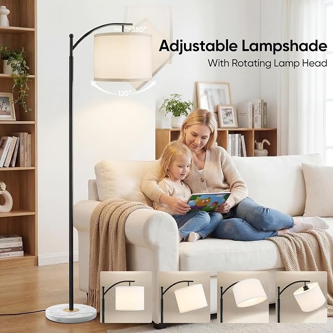 Floor Lamp for Living Room with Marble Base, Modern Standing Lamp with 3 Color Temperatures Bulb & Adjustable Linen Shade, Tall Lamp for Bedroom Office Reading Nursery