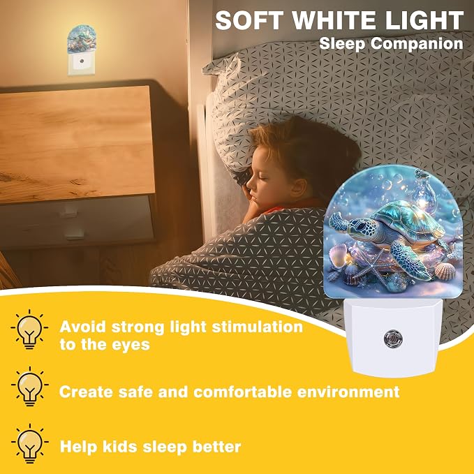 Ocean Animal Night Light, Sea Turtle and Seashell Night Lights Plug into Wall Dusk to Dawn Sensor Round Nightlight for Women Men Energy Efficient Led Lamp 0.5W for Stairway Hallway Bedroom