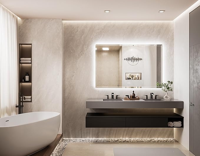 TETOTE 60 x 40 Oversized Backlit Mirror Bathroom, LED Vanity Mirror with Beveled Edge, Safe Tempered Glass, 3 Color Temperature, Anti-Fog, Dimmable, Memory Function, Wall-Mounted Vanity Mirrors