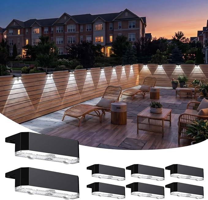 8 Pack Solar Fence Lights Outdoor, Deck Light Solar Powered, IP65 Waterproof Led Riling Solar Lights for Outside Yard Step, Cool White
