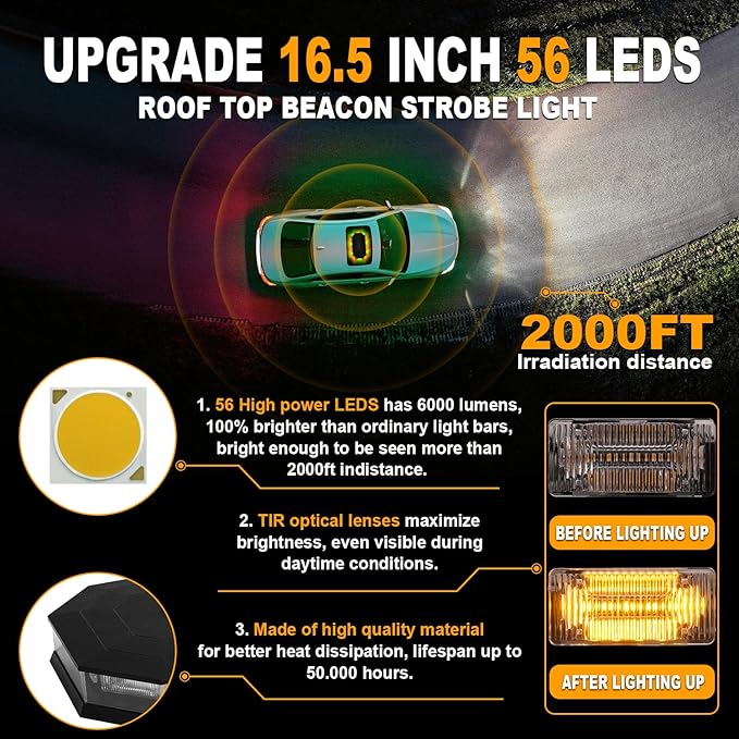 ASPL 16.5 Inch Roof Top Beacon Emergency Strobe Light 56 LED Magnetic Warning Caution lights bar Traffic Hazard Plow Light for Trucks Vehicles Construction Snowplow (Amber/Green)