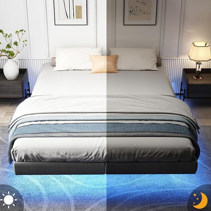 RVONOW Floating Bed Frame King with LED Lights, Under Bed Storage, Grey | Metal Platform King size Floating Bed Frame, Heavy Duty Steel Slats Support, No Box Spring Needed, Noise Free, Easy Assembly