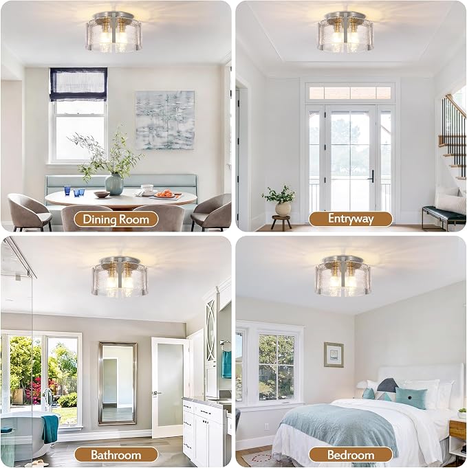 Brushed Nickel 3-Light Semi Flush Mount Ceiling Light, 15'' Modern Dimmable Hallway Fixture with Hammered Glass for Entryway Kitchen Bedroom Bathroom Foyer