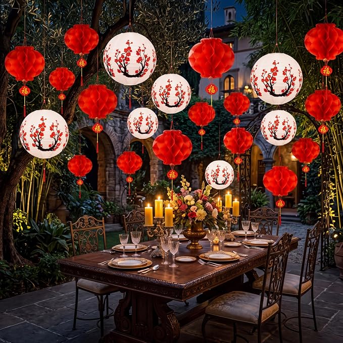 Mudder 20 Pack Chinese Japanese Paper Lanterns, Red Sakura Cherry Blossom Hanging Lantern Decorations, Asian Theme Party Supplies for Birthday Wedding Restaurant Home Decor, Traditional Style