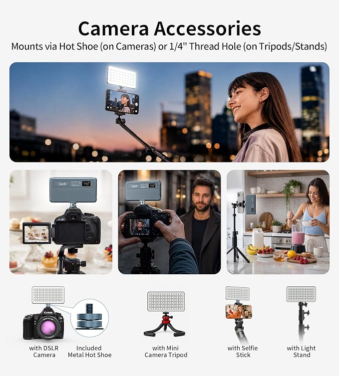 Zecti 135 LED RGB Selfie Phone Light with Metal Hotshoe & Clip | CRI 96+ 2500K-9900K 21 Effects RGB Video Light, 12W 4000mAh Camera Light for iPhones, iPad, Laptop, for Makeup, TikTok, Vlog