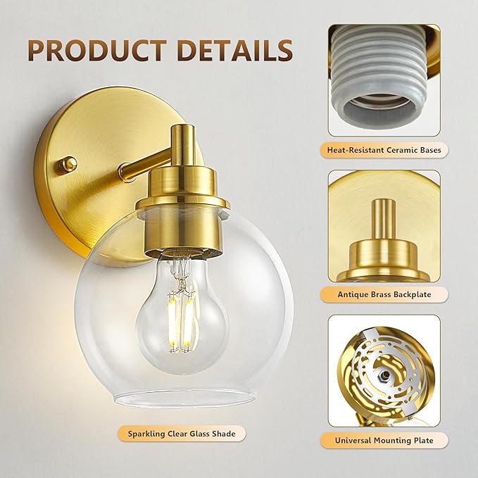 Gold Bathroom Vanity Lights, 1-Light Wall Sconce with Glass Globe Shade, Vanity Lighting for Bathroom/Bedroom/Dressing Room, Vertical/Horizontal Mounted, E26 Bulb Base (Bulb Not Included)