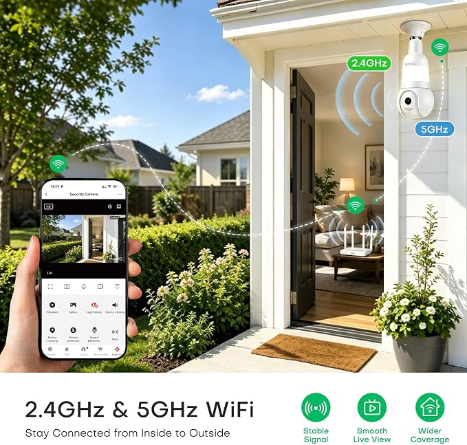 3MP 2K WiFi Light Bulb Camera with Alexa,Full-Color Night Vision,12x | 2.4GHz & 5GHz Wireless Light Bulb Cam,Two-Way Audio,Smart Motion Detection with Alexa,Indoor & Outdoor Use E26/27 Sockets
