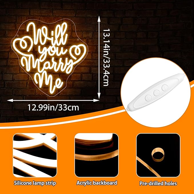 Will You Marry Me Neon Sign for Wall Decor Dimmable Led Neon Light Up Sign for Hanging Proposal Wedding Party Engagement Valentines Day Girlfriend Bridal Shower Gifts Art Size 13.1 * 12.9In (WZCP202)