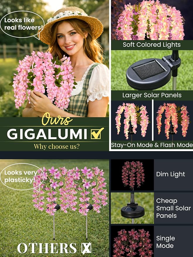 GIGALUMI 2 Pack Solar Wisteria Flowers Outdoor, 2 Modes, Pink | Flower Lights, IP65 Waterproof, Auto On/Off, Solar Powered, Garden Decor, for Pathway, Yard, Patio, Gardening Gifts for Women