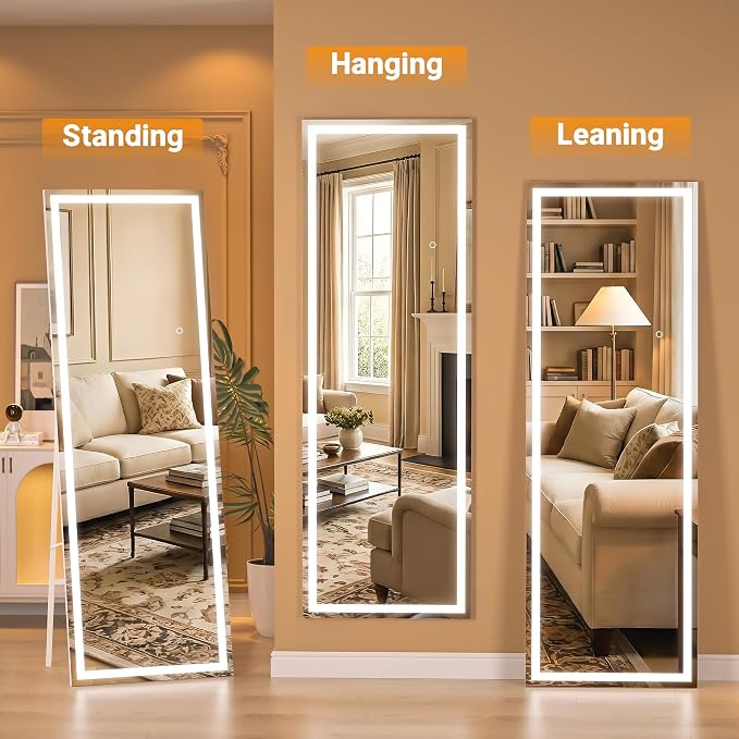 67" x 24" Full Length Mirror with Lights, LED Lighted Floor Standing Body Mirror, Dimmable & 3 Color Lighting for Bedroom, Cloakroom, Dressing Room, Tempered Glass, Black Frame