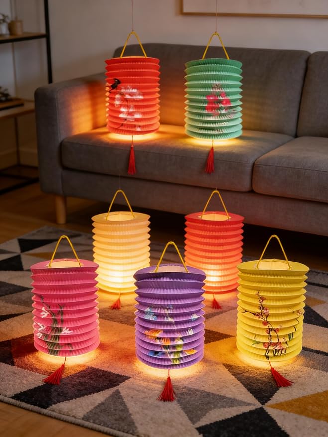 Chinese Japanese Paper Lanterns with LED Lights, 5 Pack, 6.3 Inch, Colorful, for Lunar New Year,Mid-Autumn Festival Decoration Spring Festival, Valentine Party Decorations