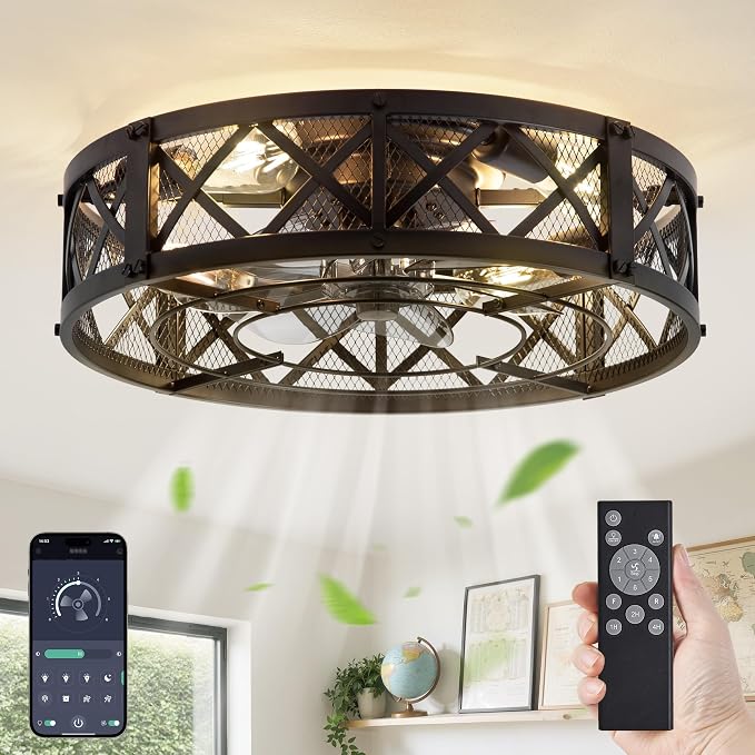 LEDIARY 20" Caged Farmhouse Ceiling Fan with Light, Flush Mount, Black | Remote&APP Control, Small Low Profile, Rustic Fandaliers, Industrial Bladeless Enclosed, Powerful Motor for Bedroom, Kitchen