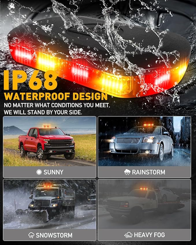 HLauto 700A Rooftop Emergency Strobe Lights Bar, 72 LED Amber Red Mini Beacon Safety Flashing Warning Traffic Lights Bar w/Magnetic Base for 12-24V Trucks, Construction Vehicles, Snowplow, Cars