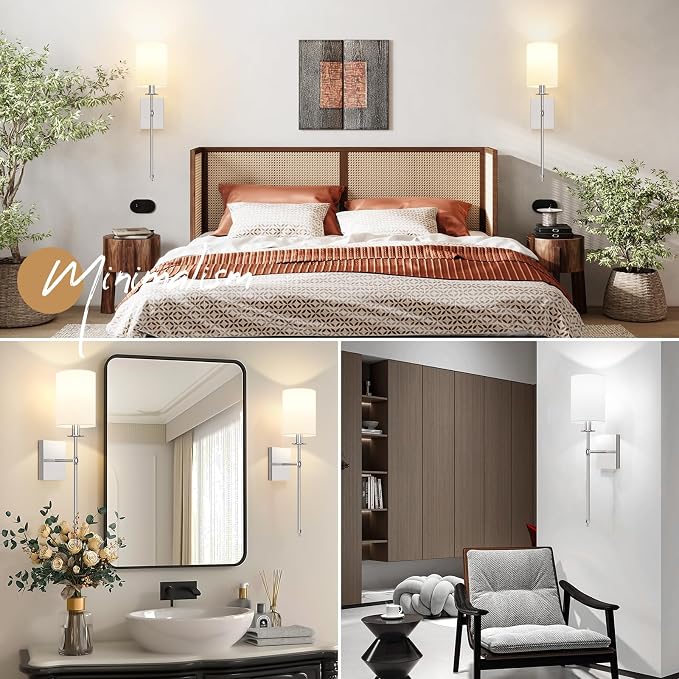 24 Inch Battery Operated Wall Sconces Set of 2 with Remote, Brushed Nickel Rechargeable Wireless Wall Lights with White Fabric Shade, Cordless Wall Lamps with Dimmable Detachable Bulbs for Bedroom