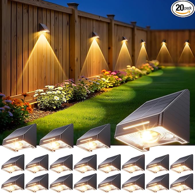 KOOPER Solar Fence Lights Outdoor Waterproof 20 Pack, Solar Fence Lights with Ultra-Bright LED Lens, 10 Modes & 9 Colors Outdoor Solar Lights for Fence, Backyard, Railing, Patio, Wall, Step, Deck