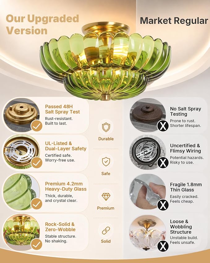Semi Flush Mount Ceiling Light Fixture 14" Vinatge Gold Ceiling Lights Mid Century Modern Green Glass Close to Ceiling Lighting Fixtures for Bedroom Hallway Kitchen Laundry Room Bathroom