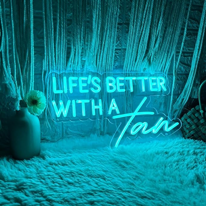 Life's Better With a Tan Neon Sign Ice Blue LED Neon Light for Wall Decor USB Powered Neon Signs for Tanning Salon Beauty Studio Bedroom Home Bar Party Aesthetic Decor Tanning Room Accessories