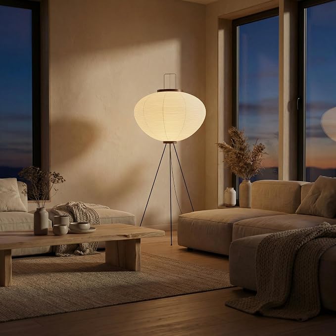 Noguchi Japanese Rice Paper Floor Lamp • 3000K Akari Standing Light for Living Room Bedroom, Modern Paper Lamp Design, Warm White Ambiance Lighting