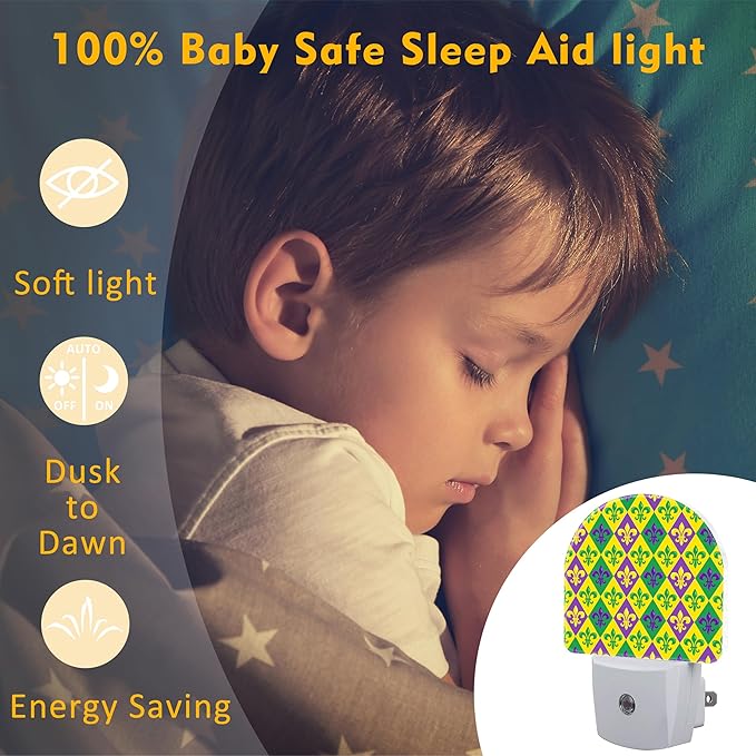 Happy Mardi Gras Carnival Night Light for Kids,Colorful Fleur De Lis Plug in Night Light with Dusk to Dawn Sensor, 0.5w Energy Saving Nightlight for Hallway Stairway Kitchen Bedroom