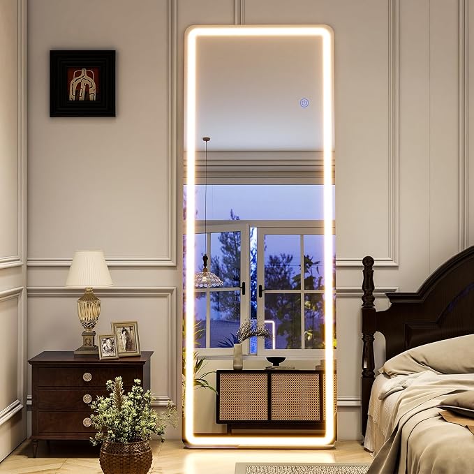 LED Full Length Mirror, 64"x21" Lighted Floor Mirror with Stand | Dimming & 3 Color Lighting, Wall Mounted Leaning Hanging Large Standing Full Body Mirror for Bedroom, Cloak Room, White