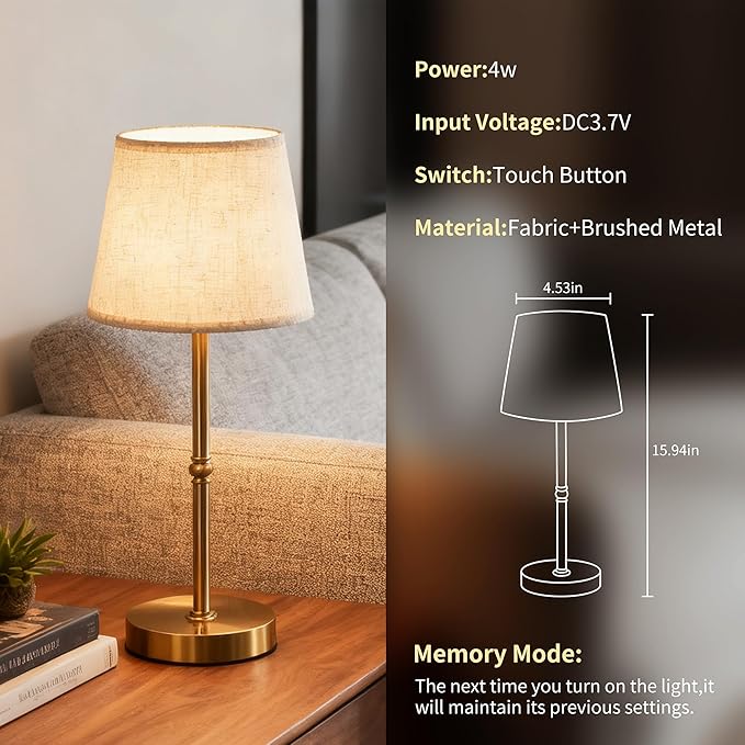 Cordless LED Table Lamp, 6000mAh Rechargeable Battery Operated Desk Lamp, 3-Level Dimming Metal Portable Nightlight for Restaurant, Bedroom, Bar, Patio, Gold
